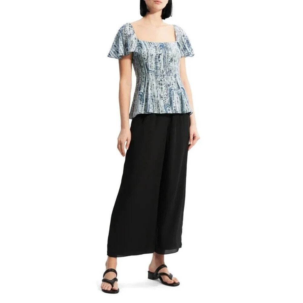 NWT Theory Short-Sleeve Godet Printed 100% Silk Top Blouse Size 00